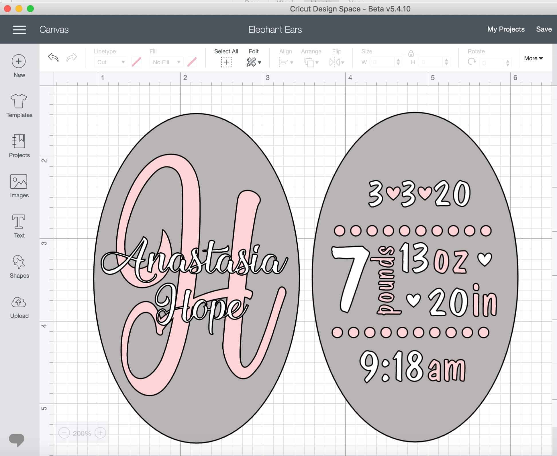 font selection for elephant stuffy tutorial in design space