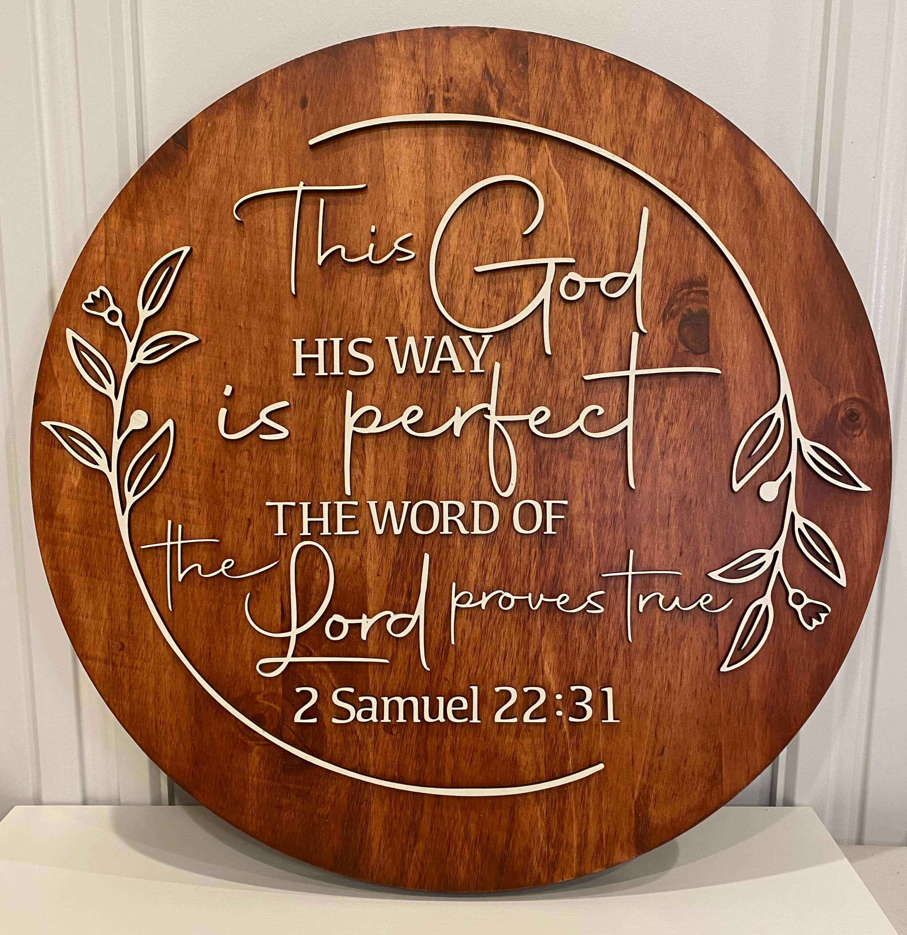 brown and cream bible verse wood sign