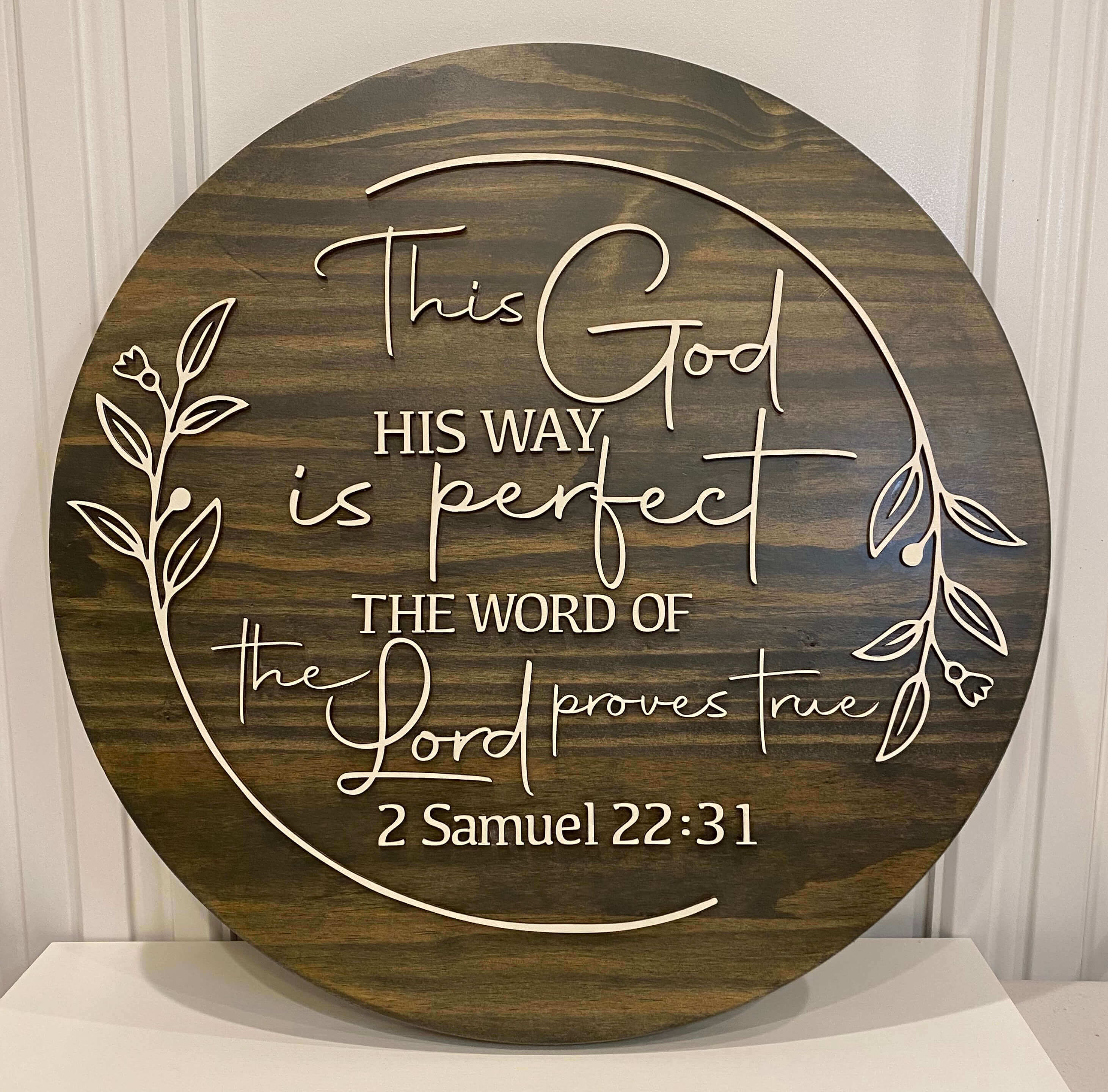 made on the glowforge as a beginner project brown and cream bible verse wood sign