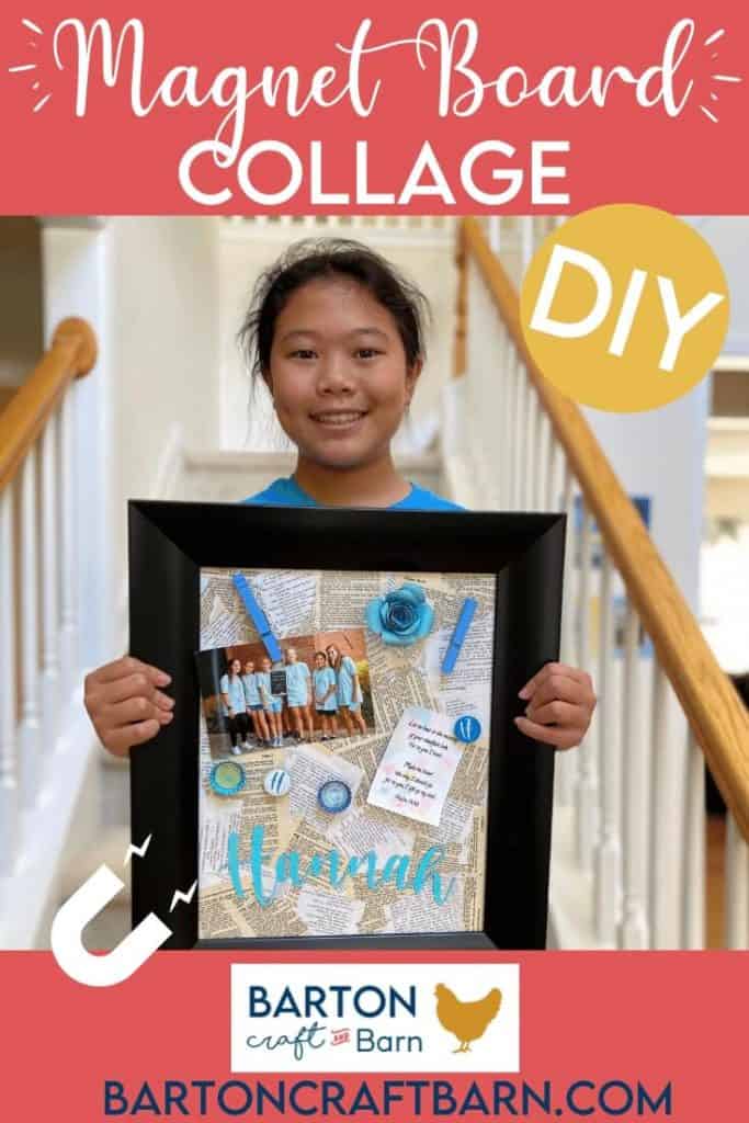 pinterest image of girl's camp student holding a magnet completed magnet board