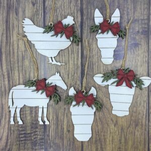 Farm Animal ornaments including Chicken, Donkey, Horse & Cow