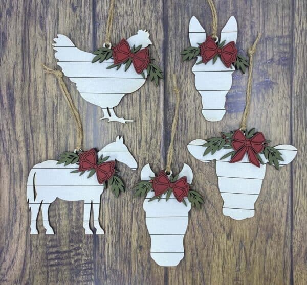 Farm Animal ornaments including Chicken, Donkey, Horse & Cow